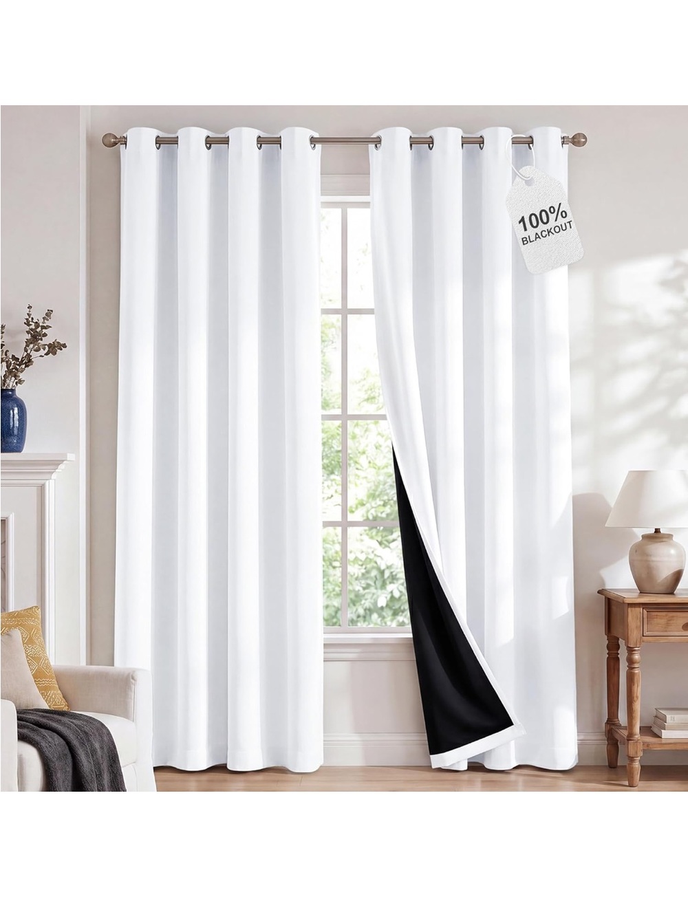Blackout Grommet Top Curtains - White with Black Backing- set of 2